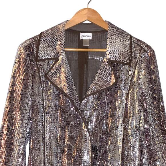 CHICO'S Sequin Snakeskin Lightweight Jacket Tie Belt Glam Statement Size 2-L - Picture 1 of 10